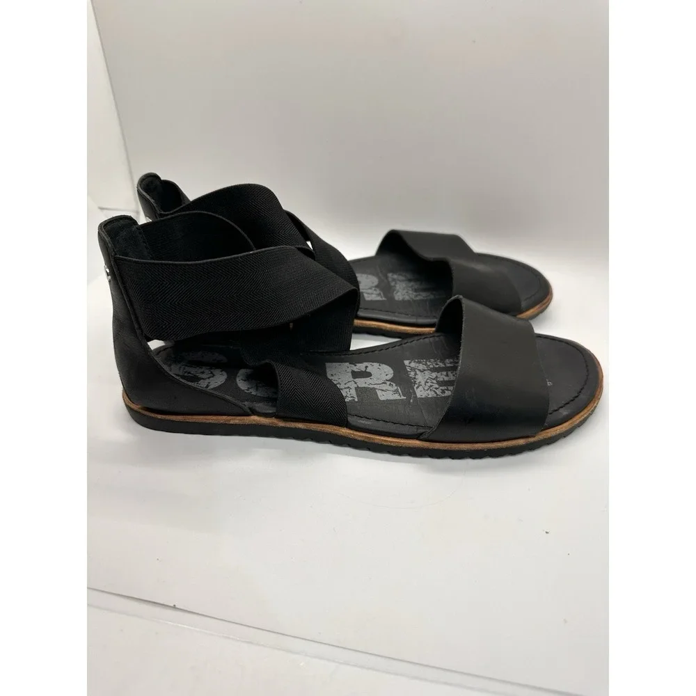 Sorel Ella Flat Black‎ Leather Elastic Strap Sandals Women's 8.5 / EU 39